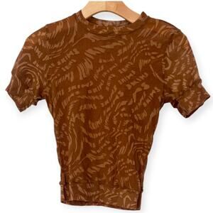 Skims | M | Logo Top T-shirt Mesh Mock Neck Sleeveless Sheer Latte Swirl Brown